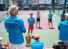 Pro Steve Dawson giving a pickleball lesson on technique.